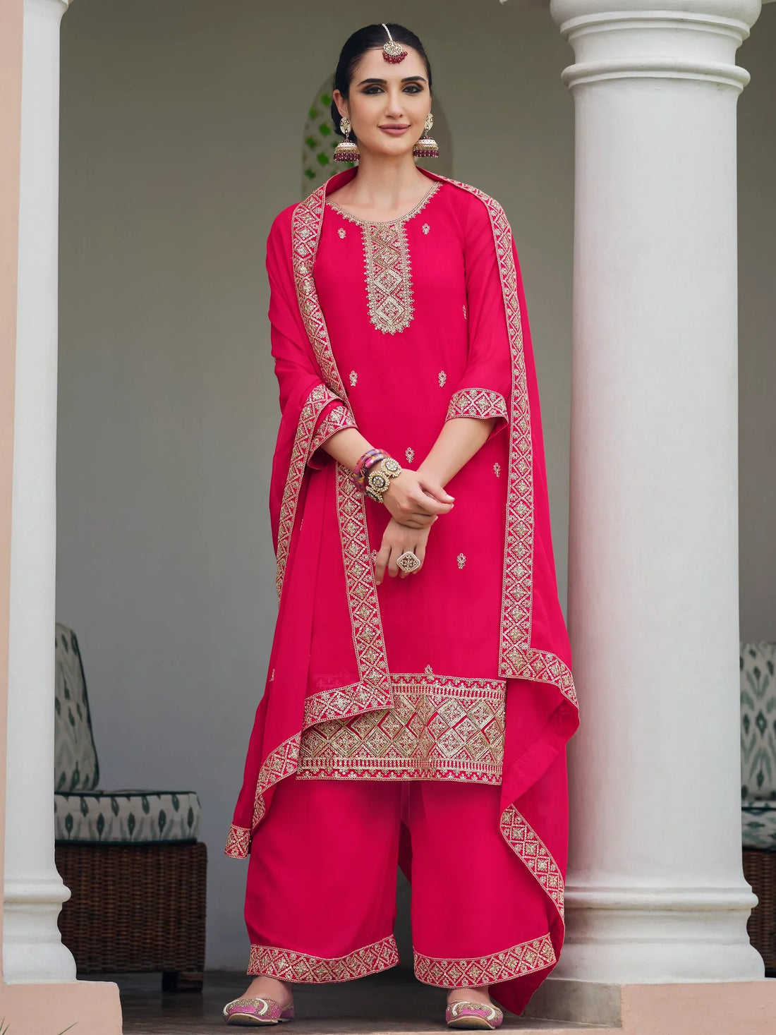 Captivating Pink Embroidered Georgette Function Wear Palazzo Suit - Zeel Clothing