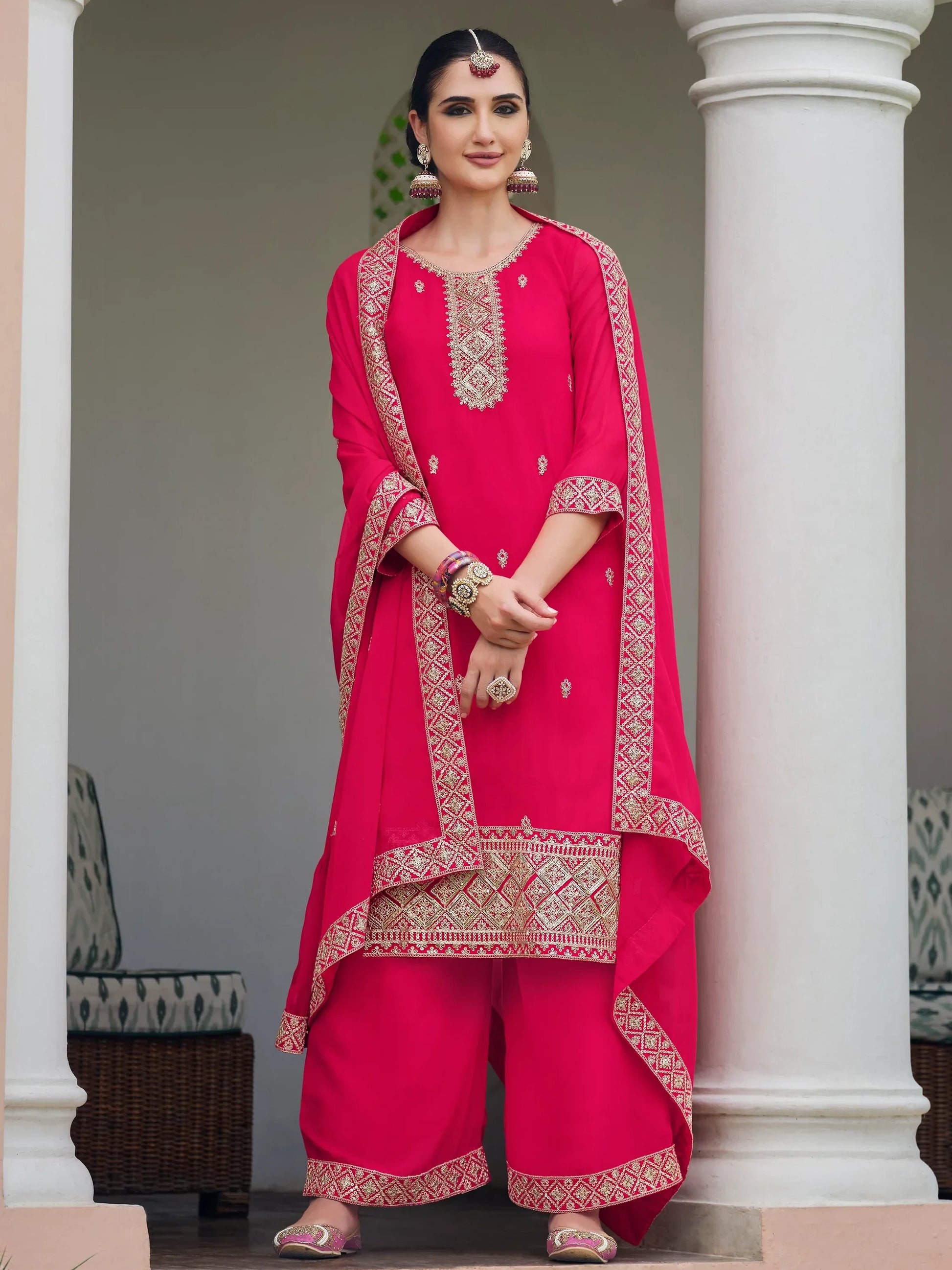 Captivating Pink Embroidered Georgette Function Wear Palazzo Suit - Zeel Clothing