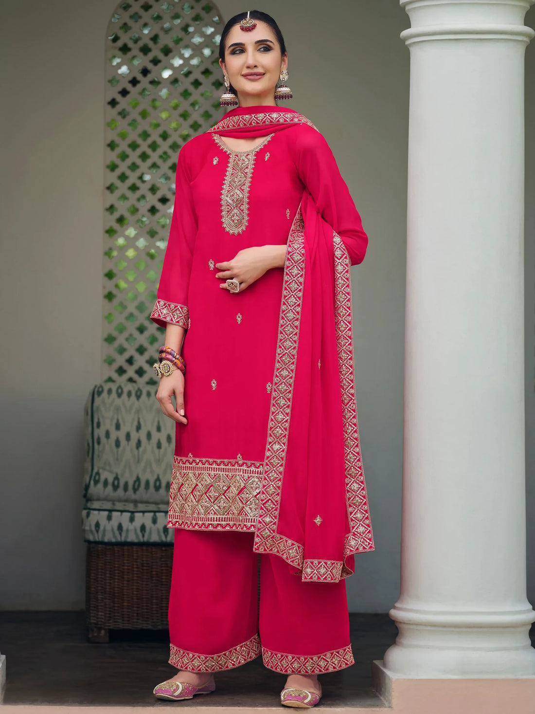 Captivating Pink Embroidered Georgette Function Wear Palazzo Suit - Zeel Clothing