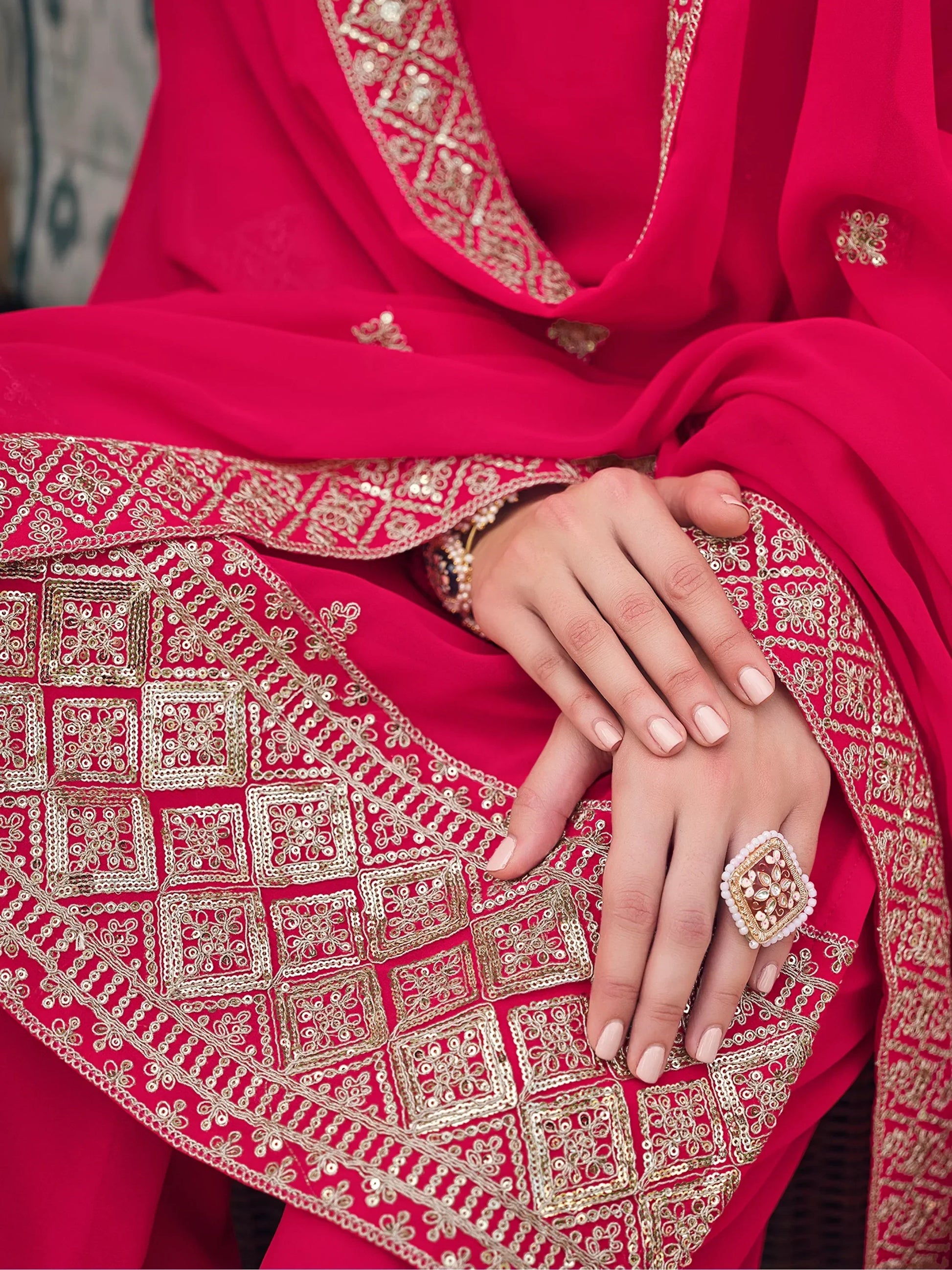 Captivating Pink Embroidered Georgette Function Wear Palazzo Suit - Zeel Clothing