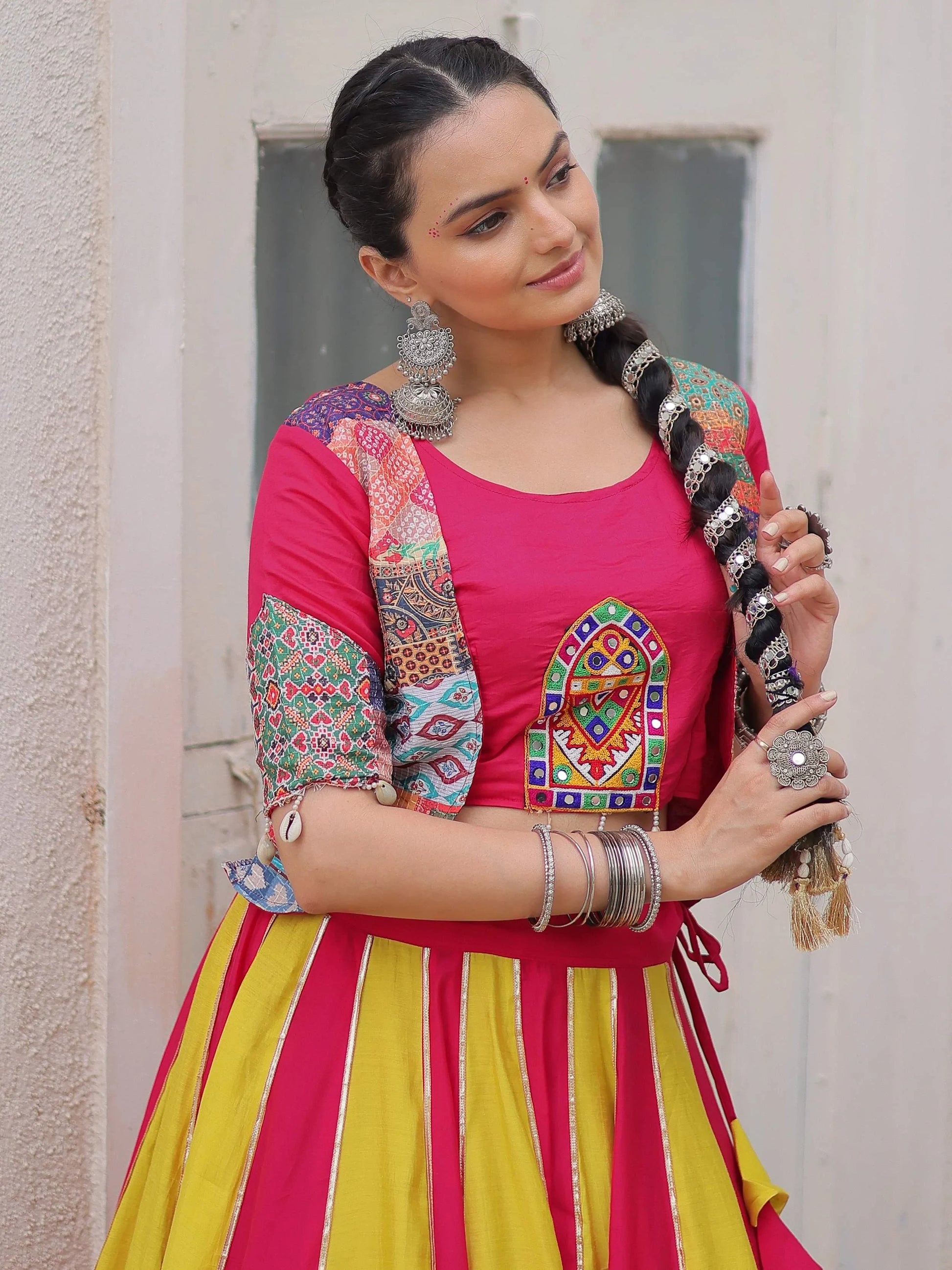 Captivating Pink Gota Patti Roman Silk Lehenga With Jacket Style Blouse - Zeel Clothing