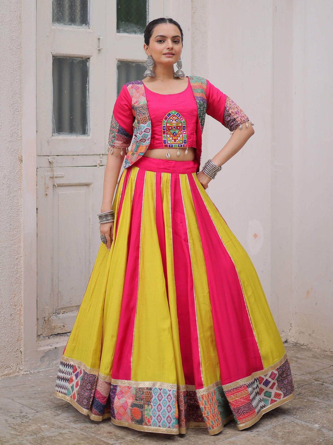 Captivating Pink Gota Patti Roman Silk Lehenga With Jacket Style Blouse - Zeel Clothing