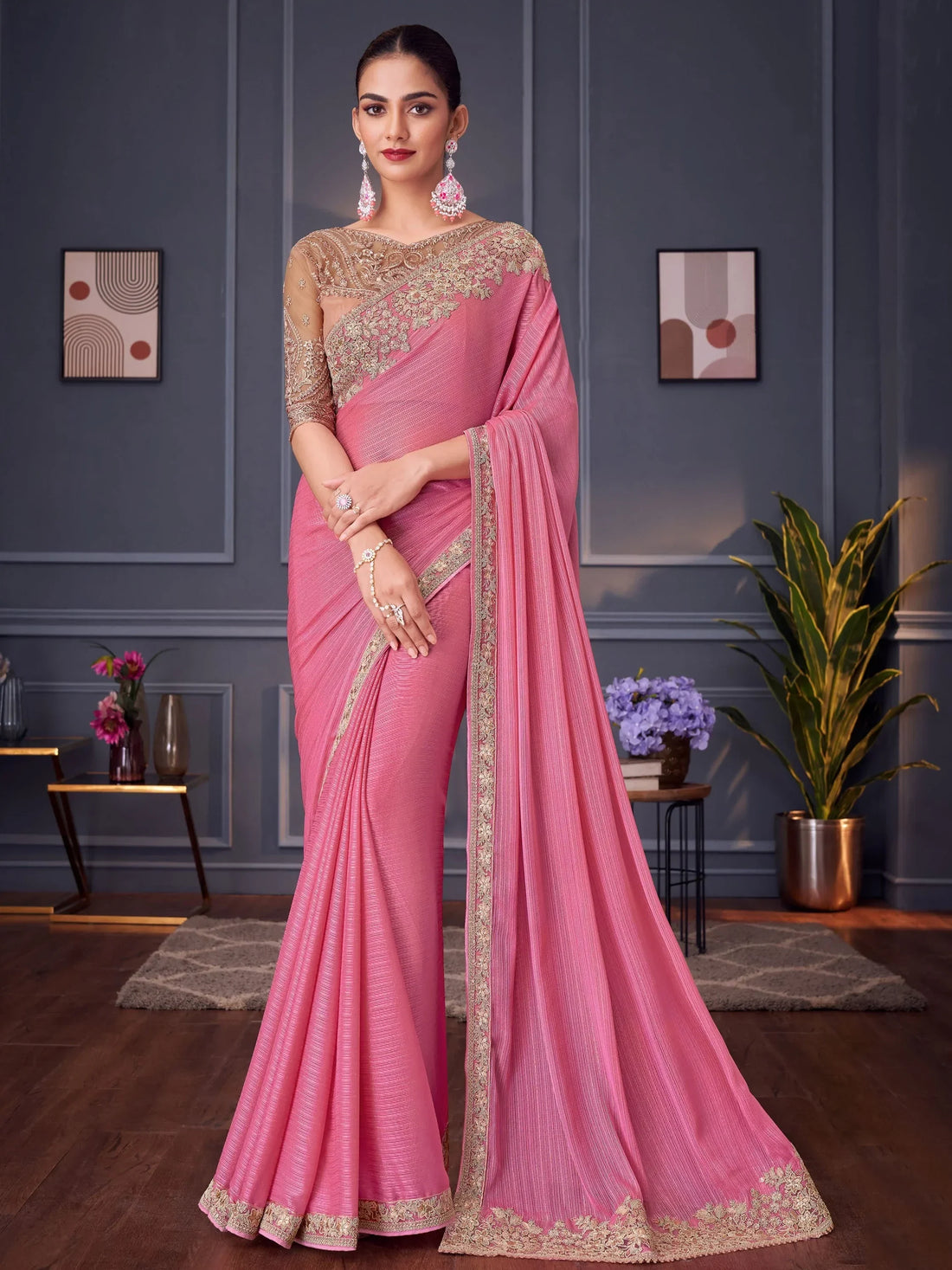 Captivating Pink Heavy Lace Work Silk Festival Wear Saree With Blouse - Zeel Clothing
