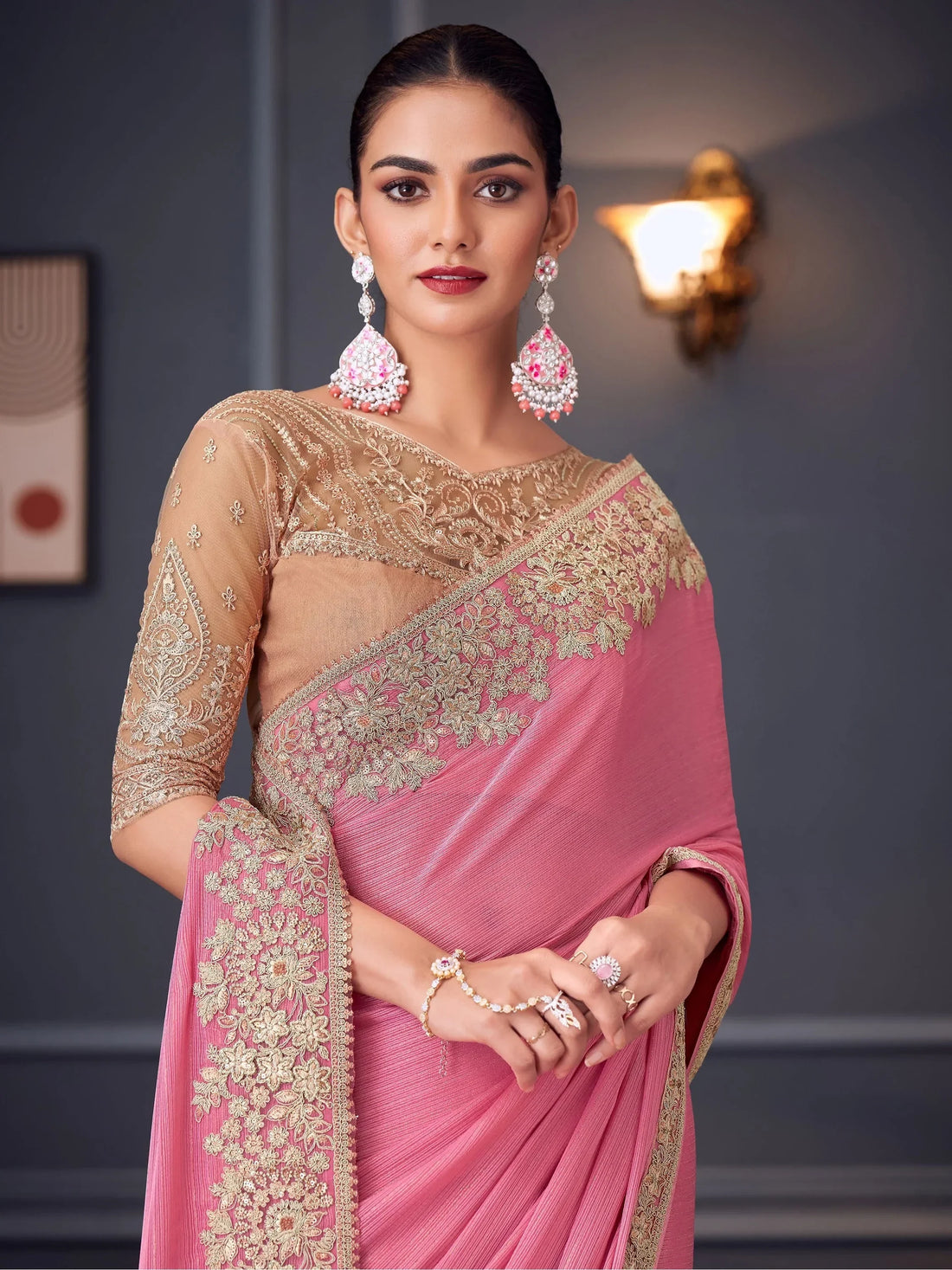 Captivating Pink Heavy Lace Work Silk Festival Wear Saree With Blouse - Zeel Clothing