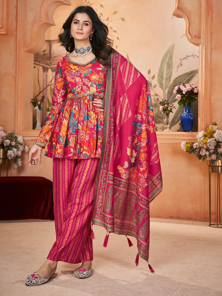 Captivating Pink Printed Silk Festival Wear Palazzo Suit With Dupatta - Zeel Clothing
