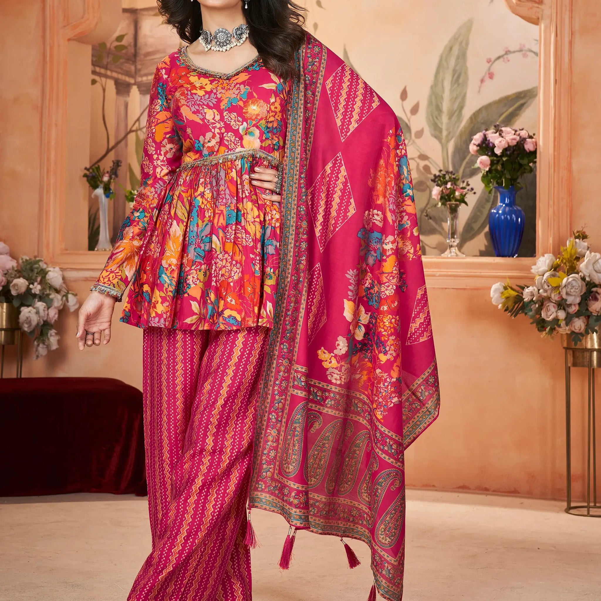 Captivating Pink Printed Silk Festival Wear Palazzo Suit With Dupatta - Zeel Clothing