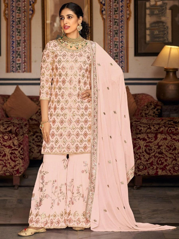 Captivating Pink Sequins Georgette Sharara Suit With Dupatta