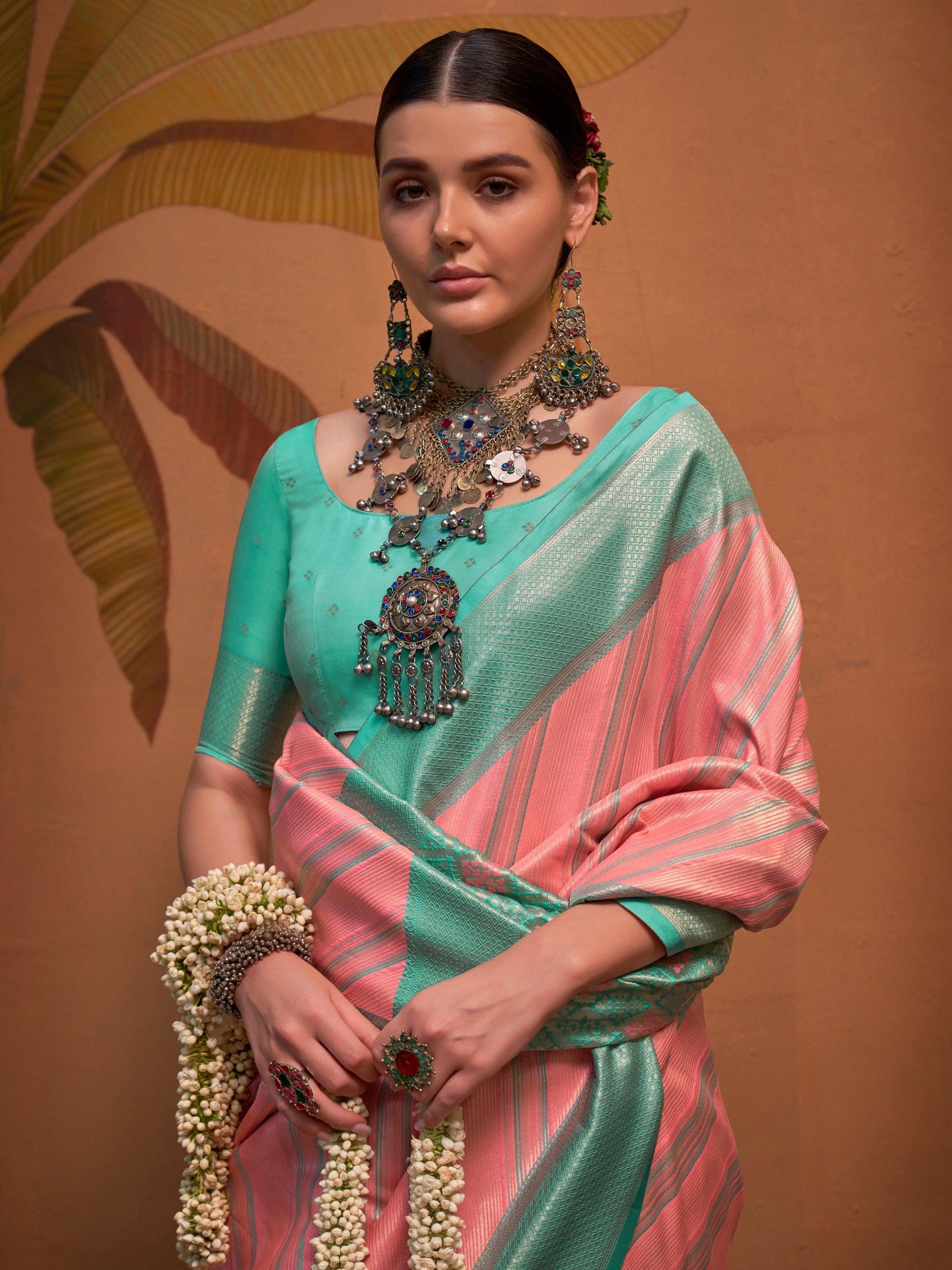 Captivating Pink Weaving Silk Festival Wear Saree With Blouse