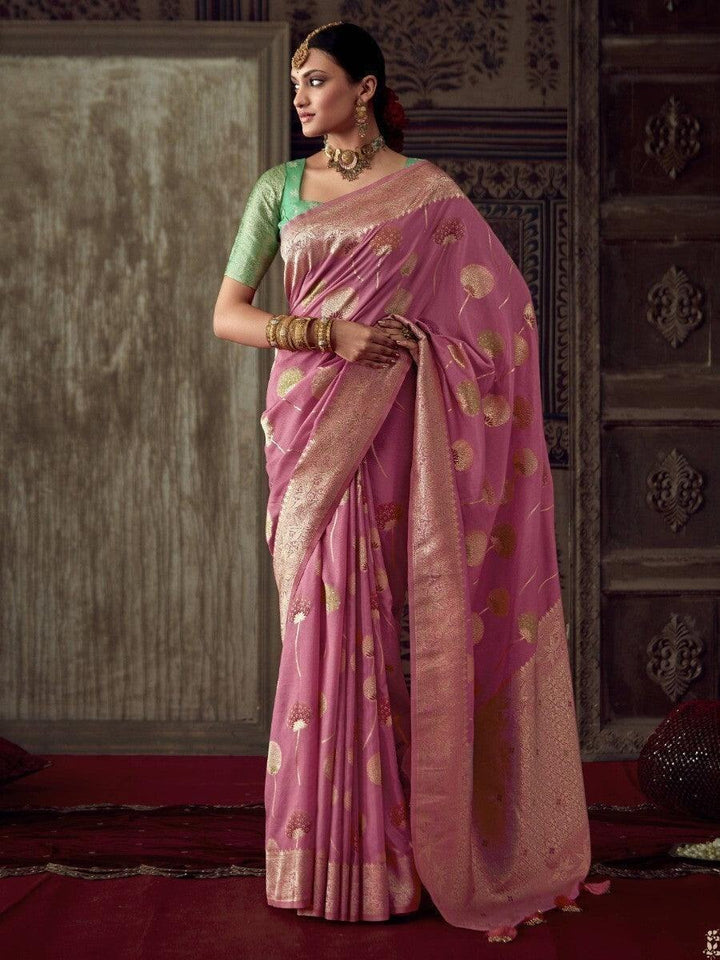 Captivating Pink Zari Weaving Georgette Saree With Blouse