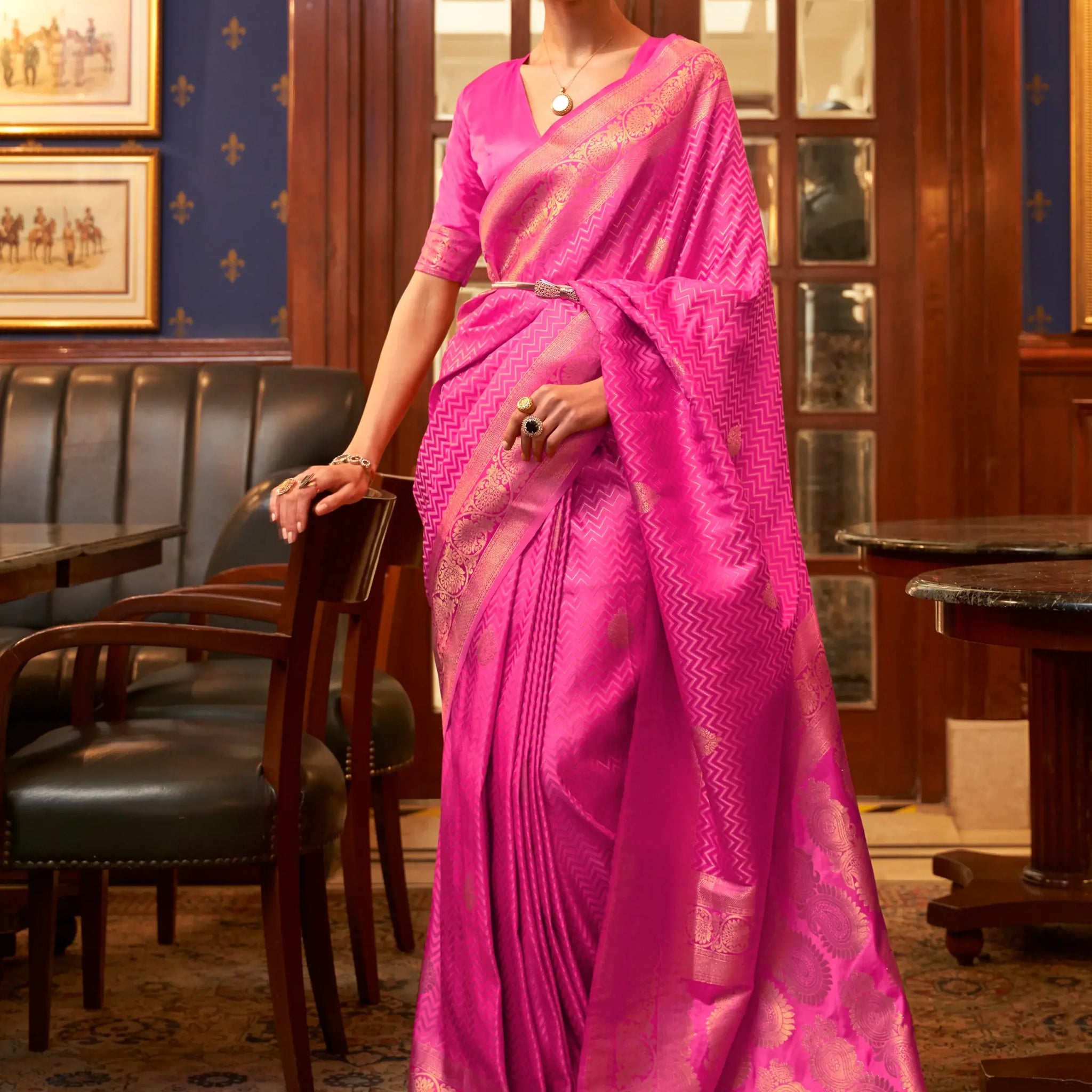 Captivating Pink Zari Weaving Satin Festive Wear Saree With Blouse - Zeel Clothing