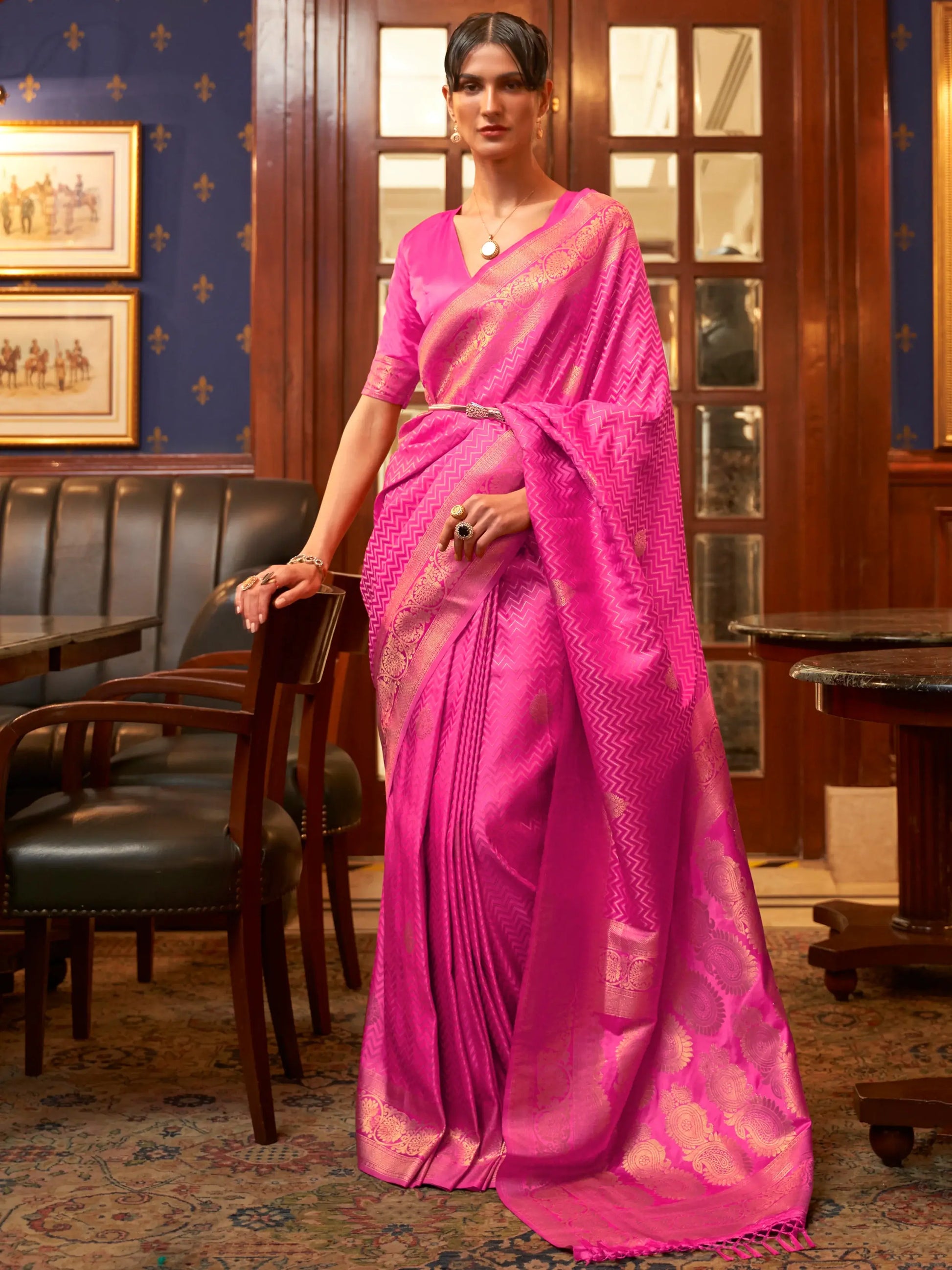 Captivating Pink Zari Weaving Satin Festive Wear Saree With Blouse - Zeel Clothing