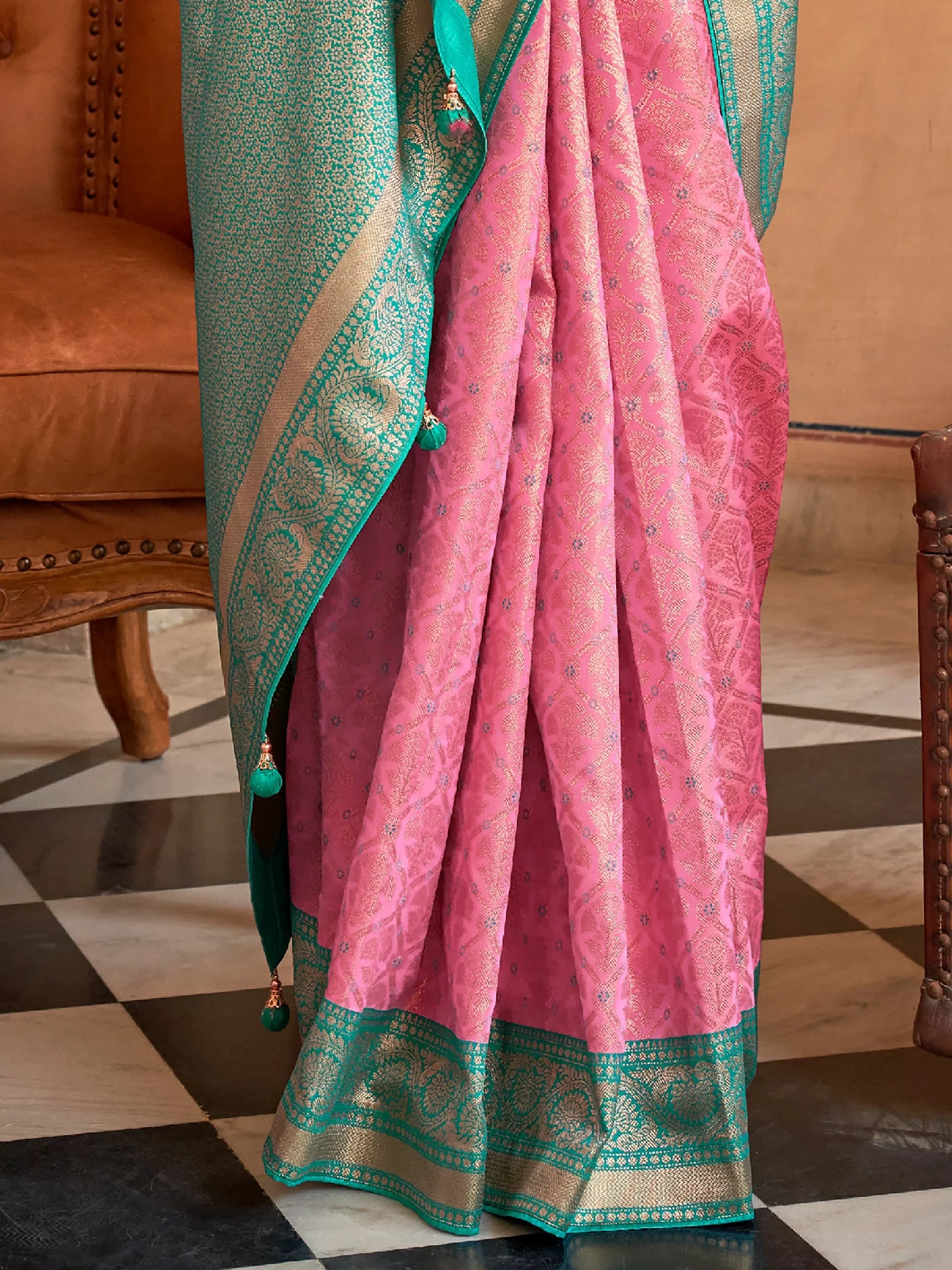 Captivating Pink Zari Weaving Silk Engagement Wear Saree - Zeel Clothing