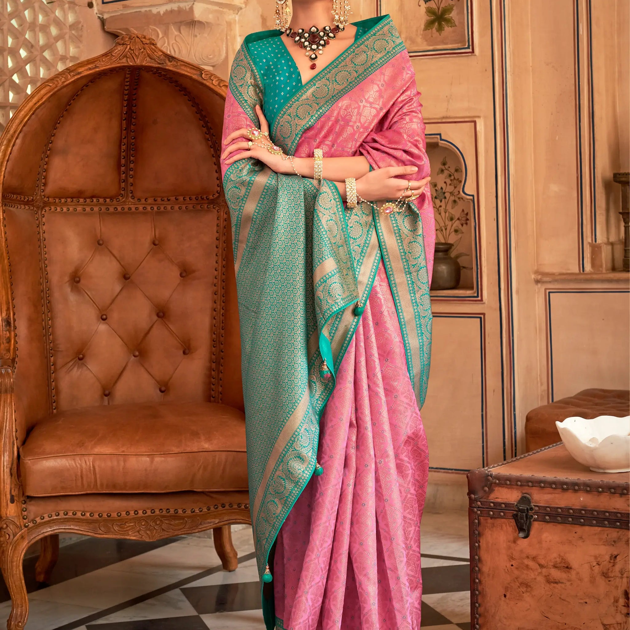 Captivating Pink Zari Weaving Silk Engagement Wear Saree - Zeel Clothing