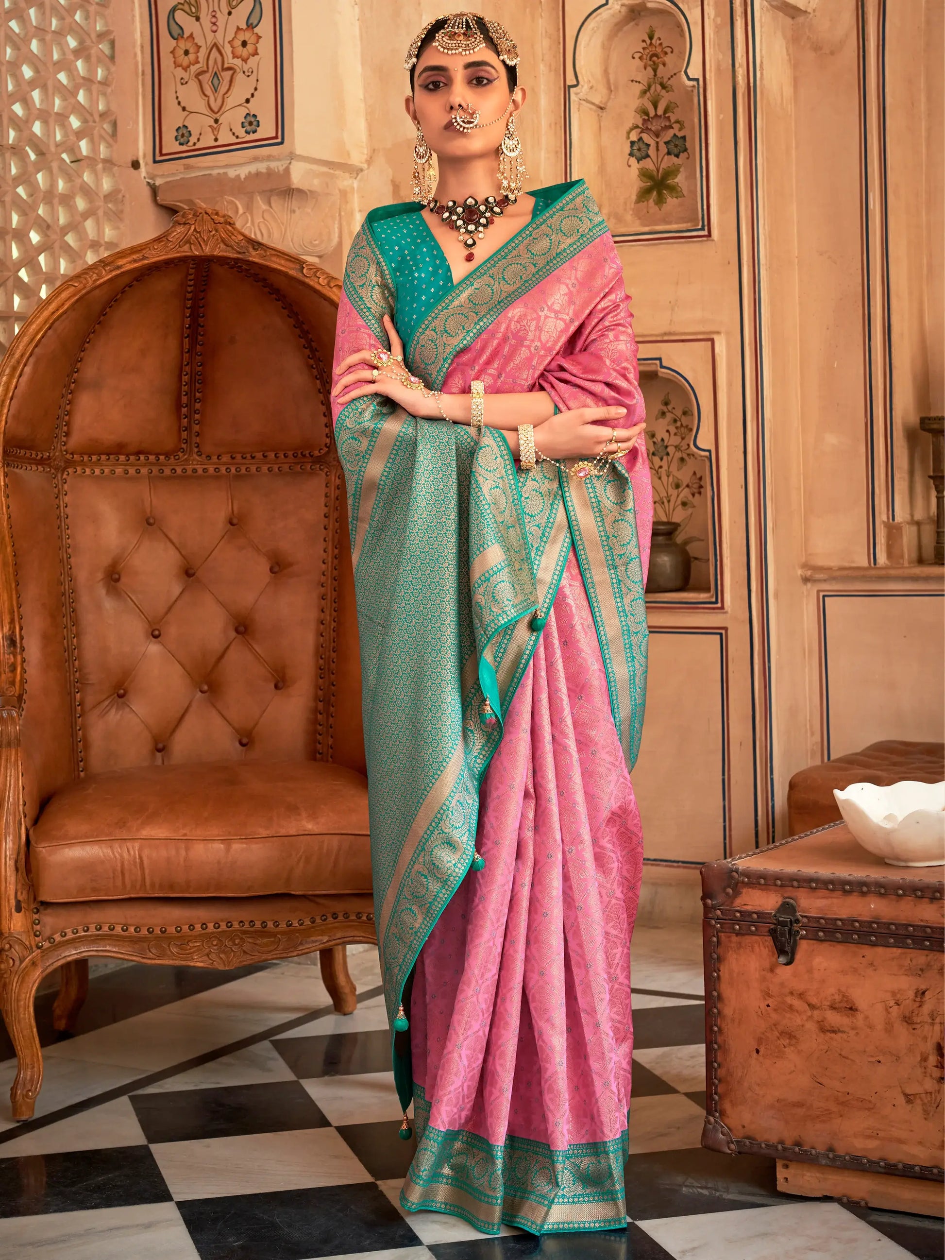 Captivating Pink Zari Weaving Silk Engagement Wear Saree - Zeel Clothing