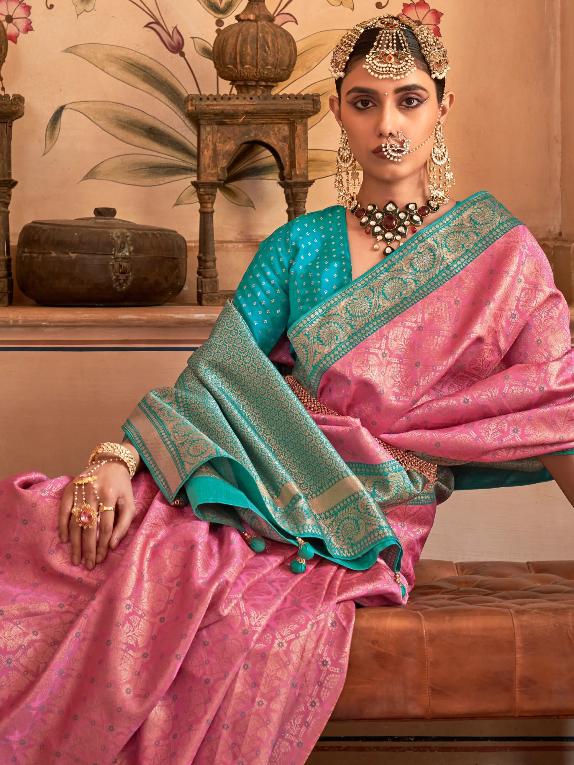 Captivating Pink Zari Weaving Silk Engagement Wear Saree - Zeel Clothing