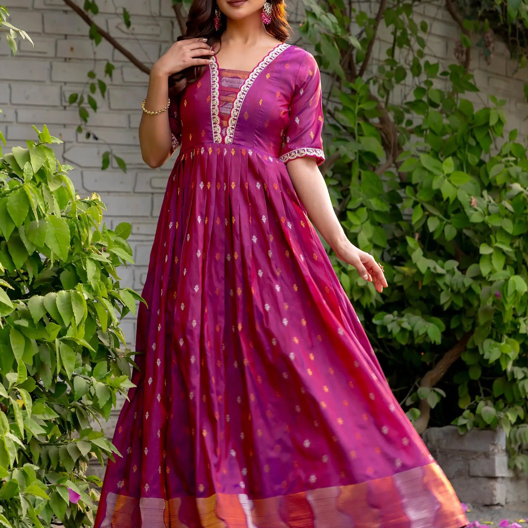 Captivating Pink Zari Weaving Silk Festive Wear Gown - Zeel Clothing