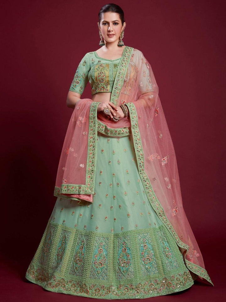 Captivating Pista Green Sequins Georgette Festival Wear Lehenga Choli
