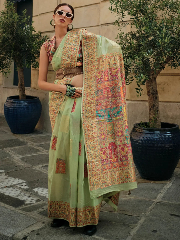 Captivating Pista Green Zari Weaving Silk Sangeet Wear Saree With Blouse - Zeel Clothing