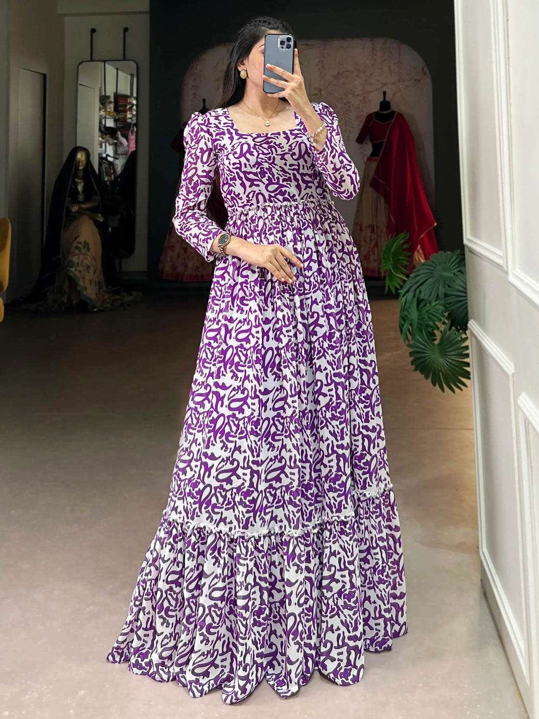 Captivating Purple Digital Printed Georgette Event Wear Gown - Zeel Clothing