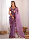 Captivating Purple Embroidered Georgette Party Wear Saree With Blouse - Zeel Clothing