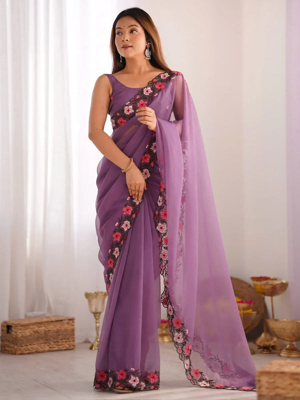 Captivating Purple Embroidered Georgette Party Wear Saree With Blouse - Zeel Clothing