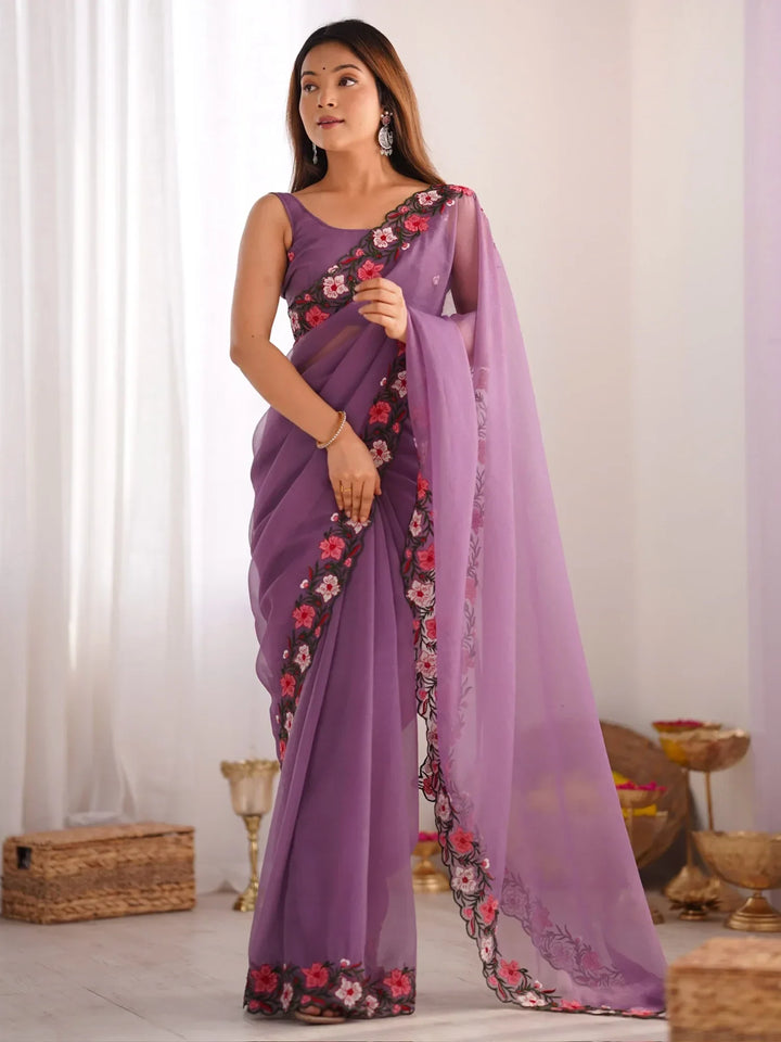 Captivating Purple Embroidered Georgette Party Wear Saree With Blouse - Zeel Clothing