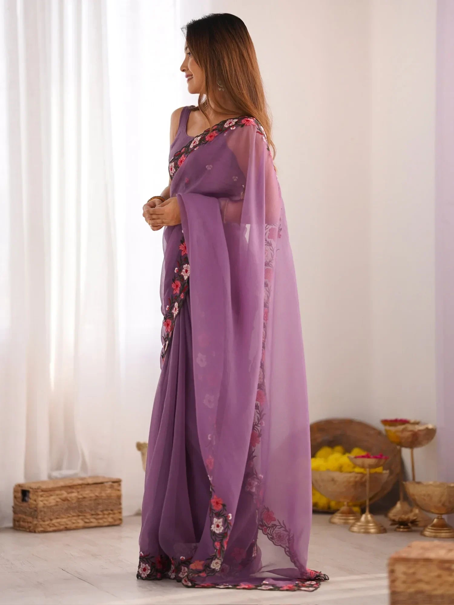 Captivating Purple Embroidered Georgette Party Wear Saree With Blouse - Zeel Clothing