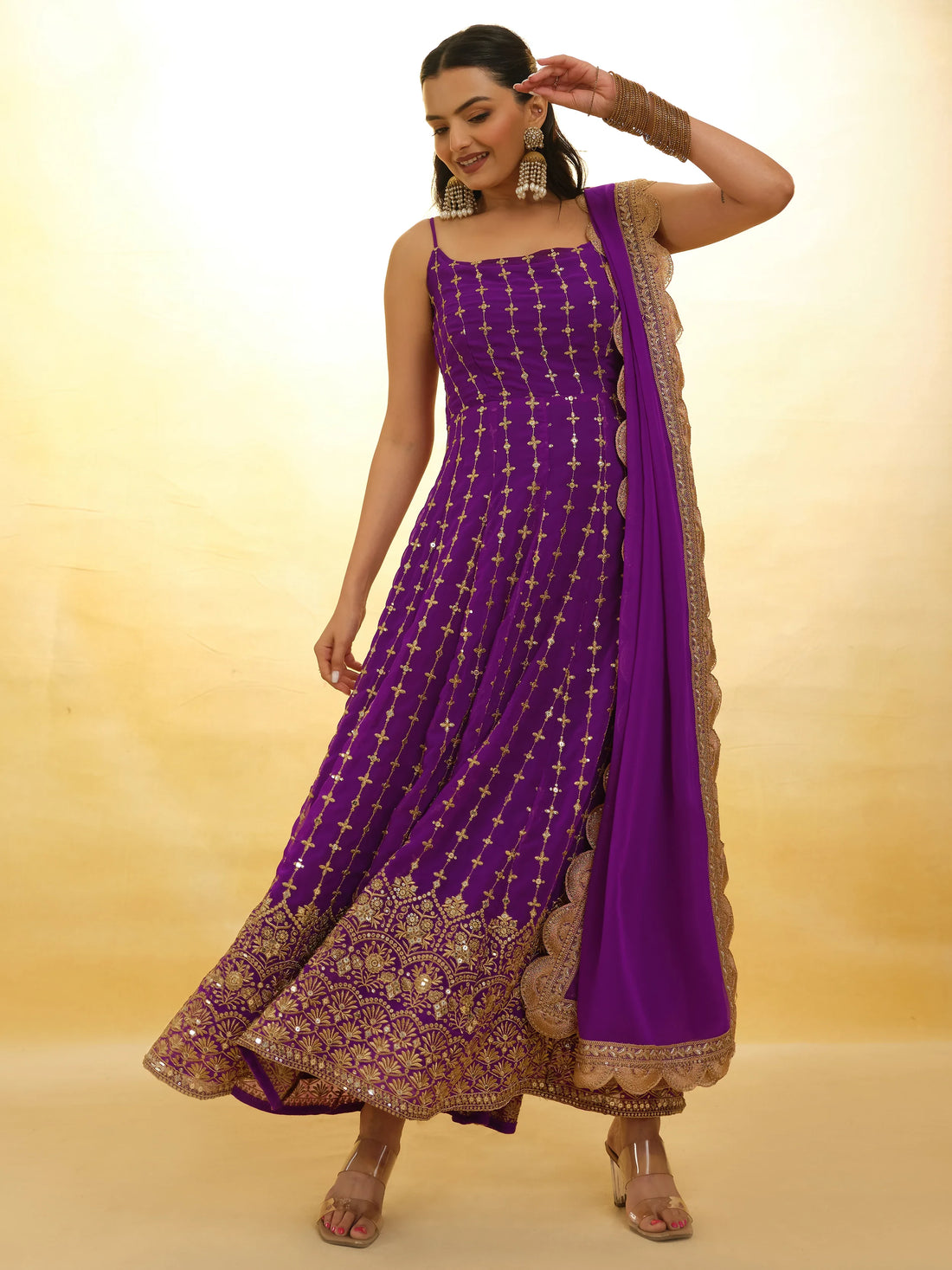 Captivating Purple Embroidered Georgette Wedding Wear Gown