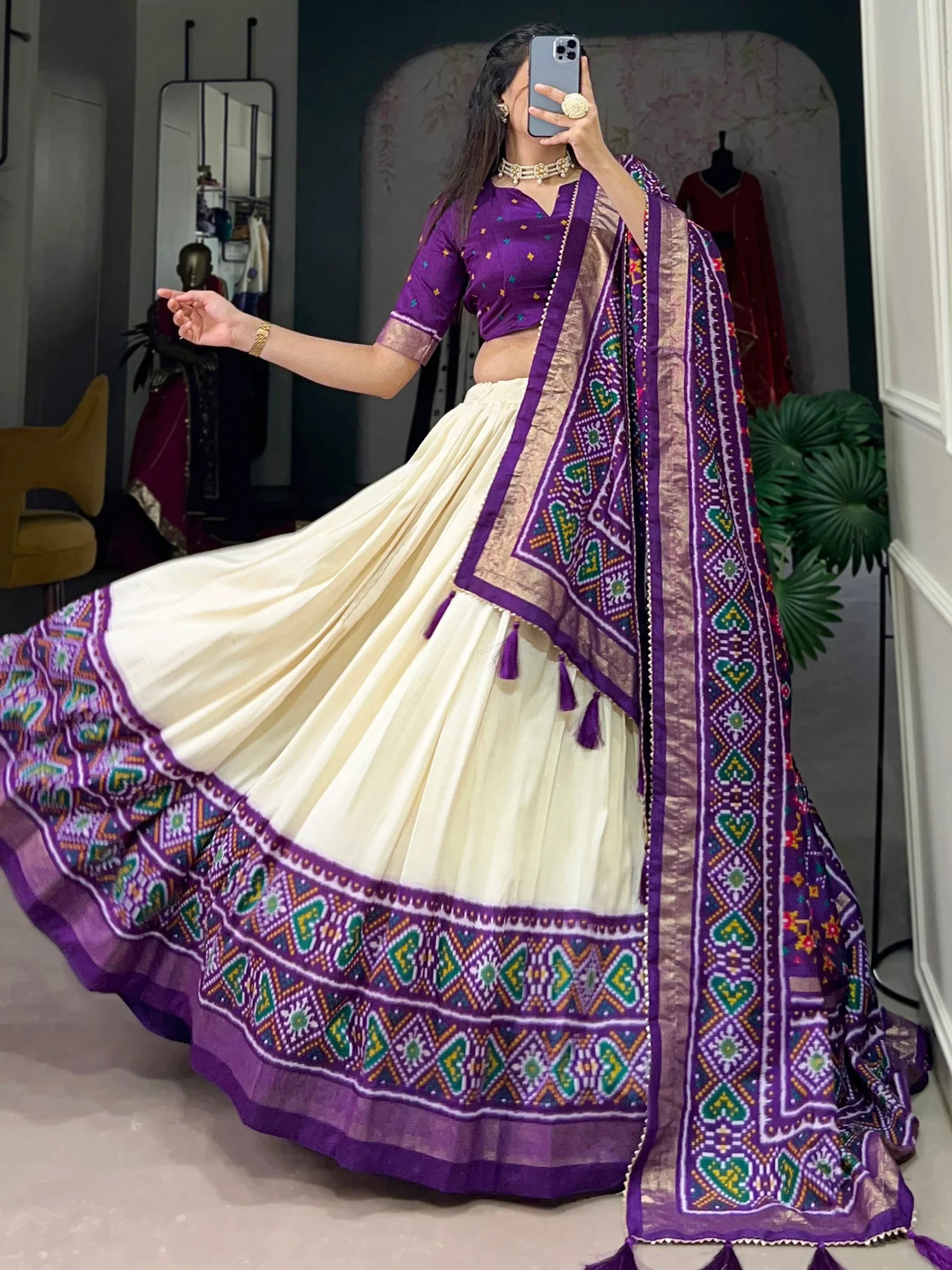Captivating Purple Patola Printed Tussar Silk Traditional Lehenga Choli - Zeel Clothing