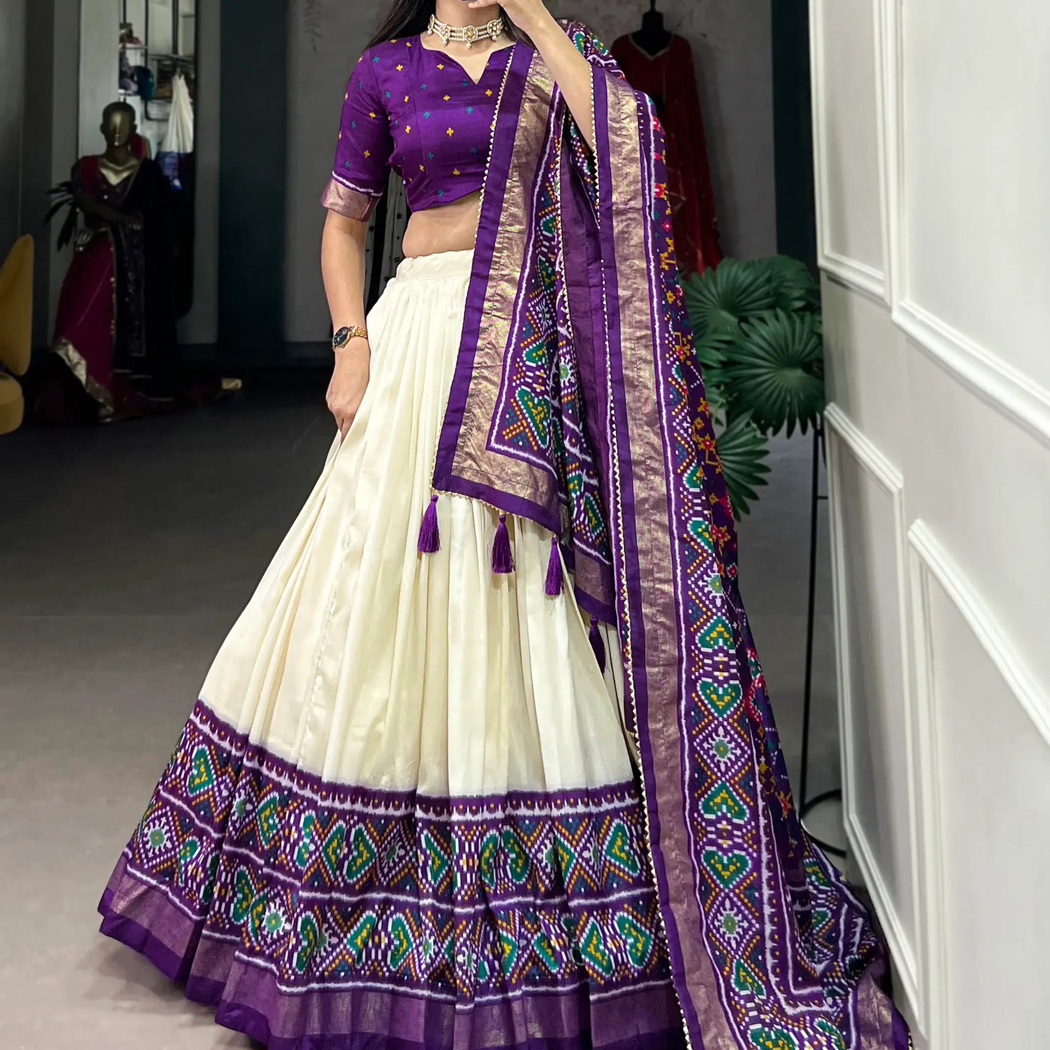 Captivating Purple Patola Printed Tussar Silk Traditional Lehenga Choli - Zeel Clothing