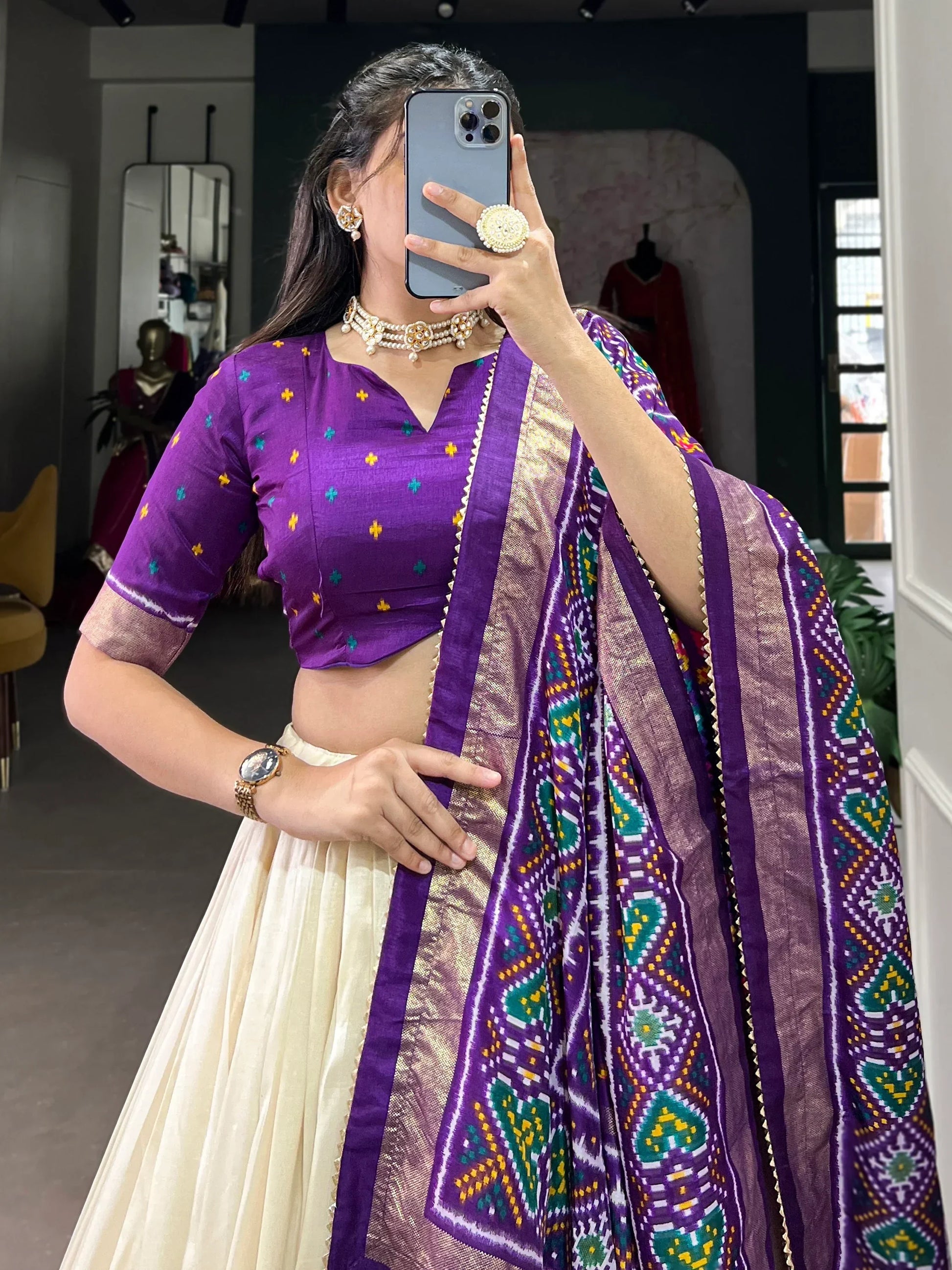 Captivating Purple Patola Printed Tussar Silk Traditional Lehenga Choli - Zeel Clothing