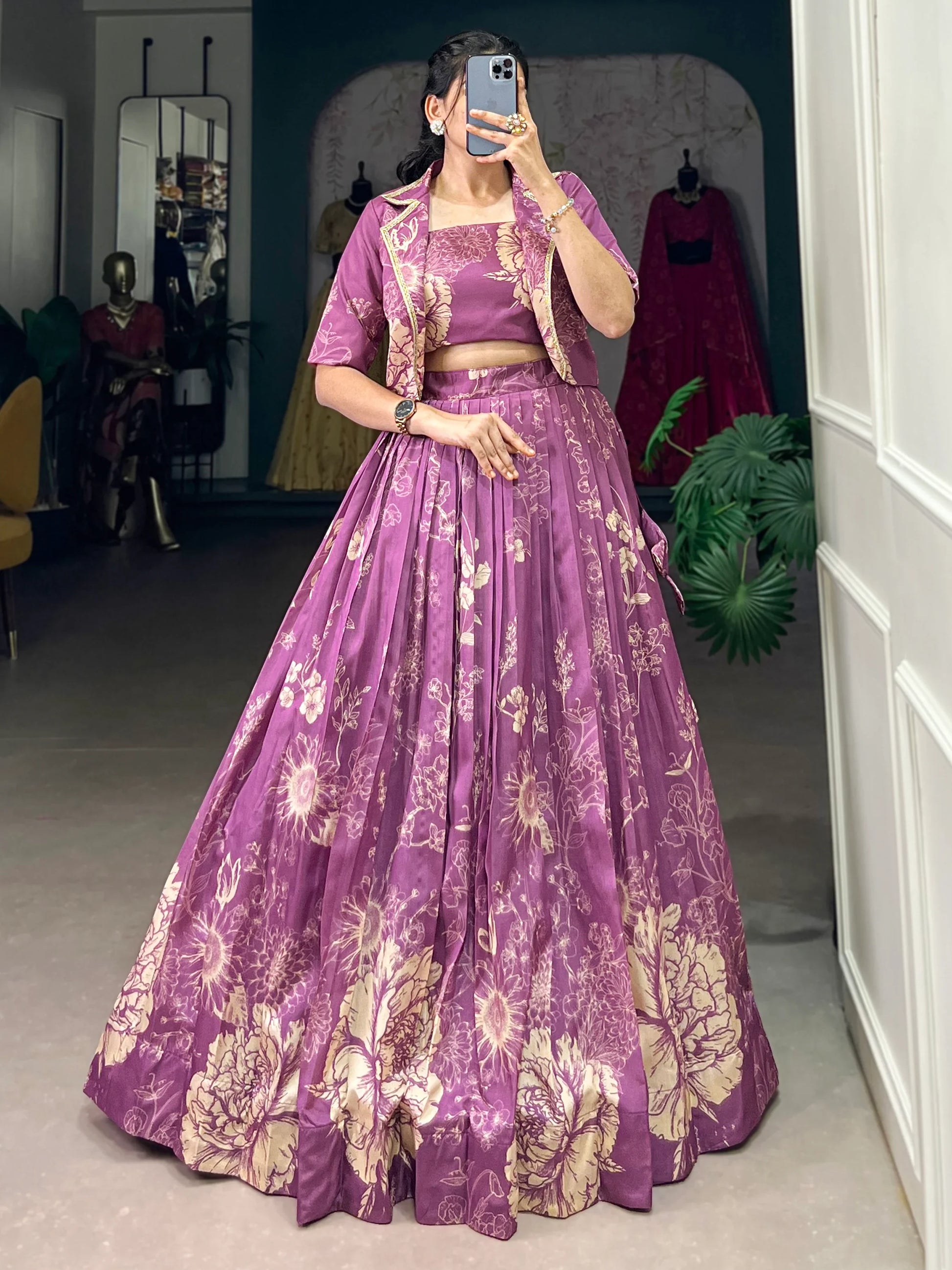 Captivating Purple Printed Festival Wear Crop Top Lehenga With Jacket - Zeel Clothing