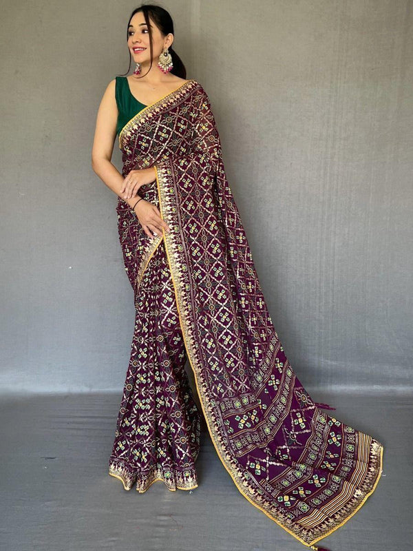Captivating Purple Printed Georgette Wedding Wear Saree With Blouse