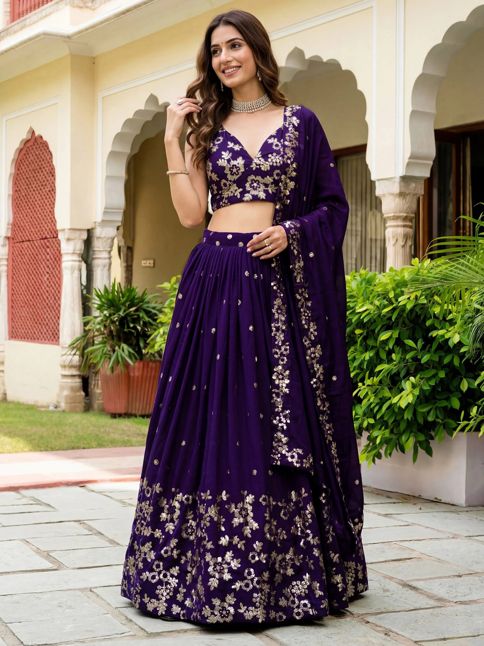 Captivating Purple Sequins Georgette Function Wear Lehenga Choli With Dupatta