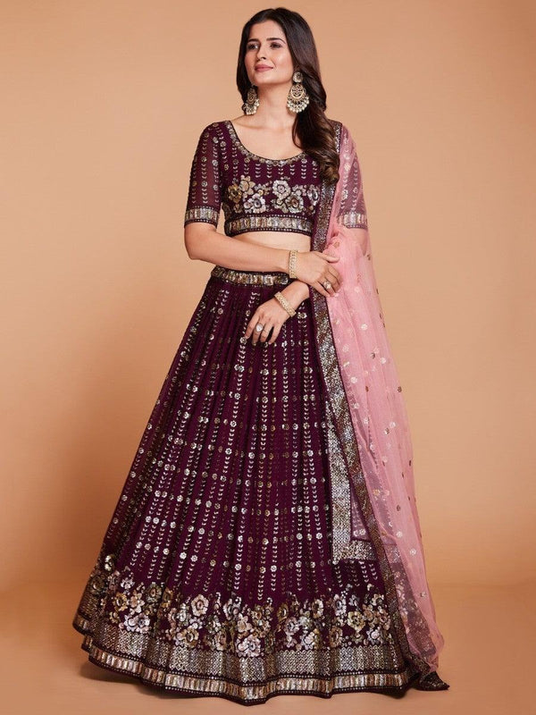 Captivating Purple Sequins Georgette Reception Wear Lehenga Choli