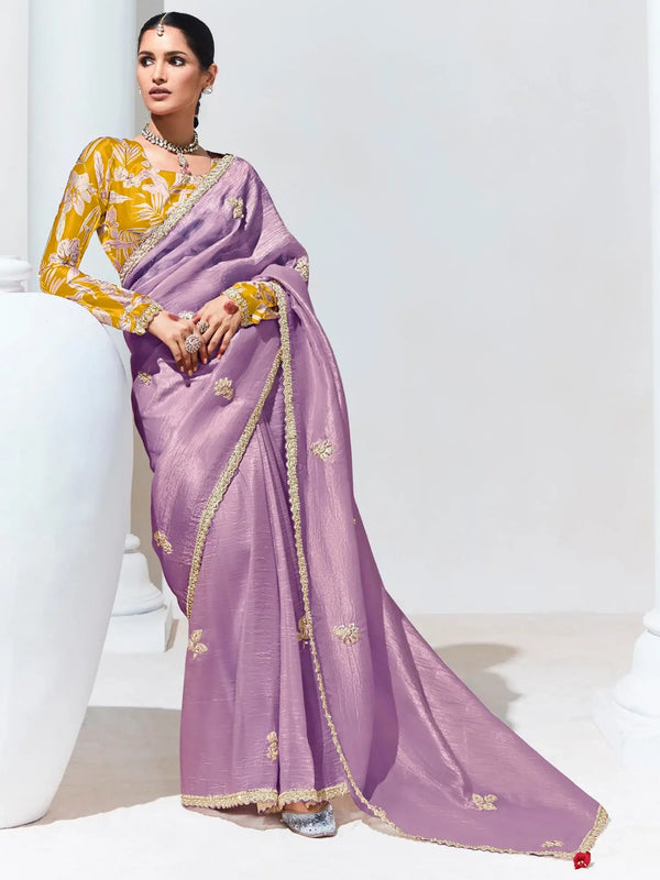 Captivating Purple Sequins Organza Event Wear Saree With Blouse - Zeel Clothing