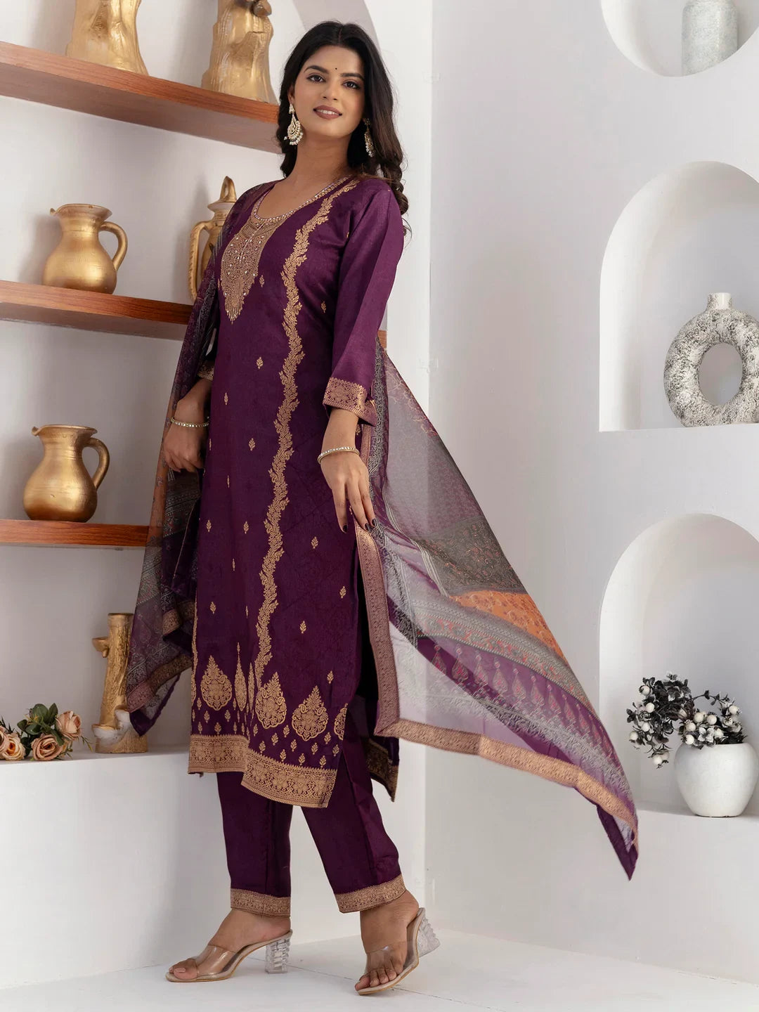 Captivating Purple Zari Weaving Viscose Silk Traditional Pant Suit With Dupatta - Zeel Clothing
