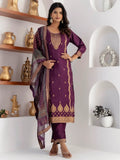 Captivating Purple Zari Weaving Viscose Silk Traditional Pant Suit With Dupatta - Zeel Clothing