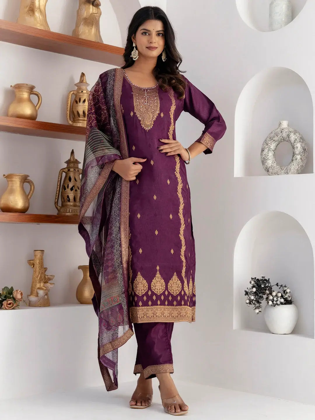 Captivating Purple Zari Weaving Viscose Silk Traditional Pant Suit With Dupatta - Zeel Clothing