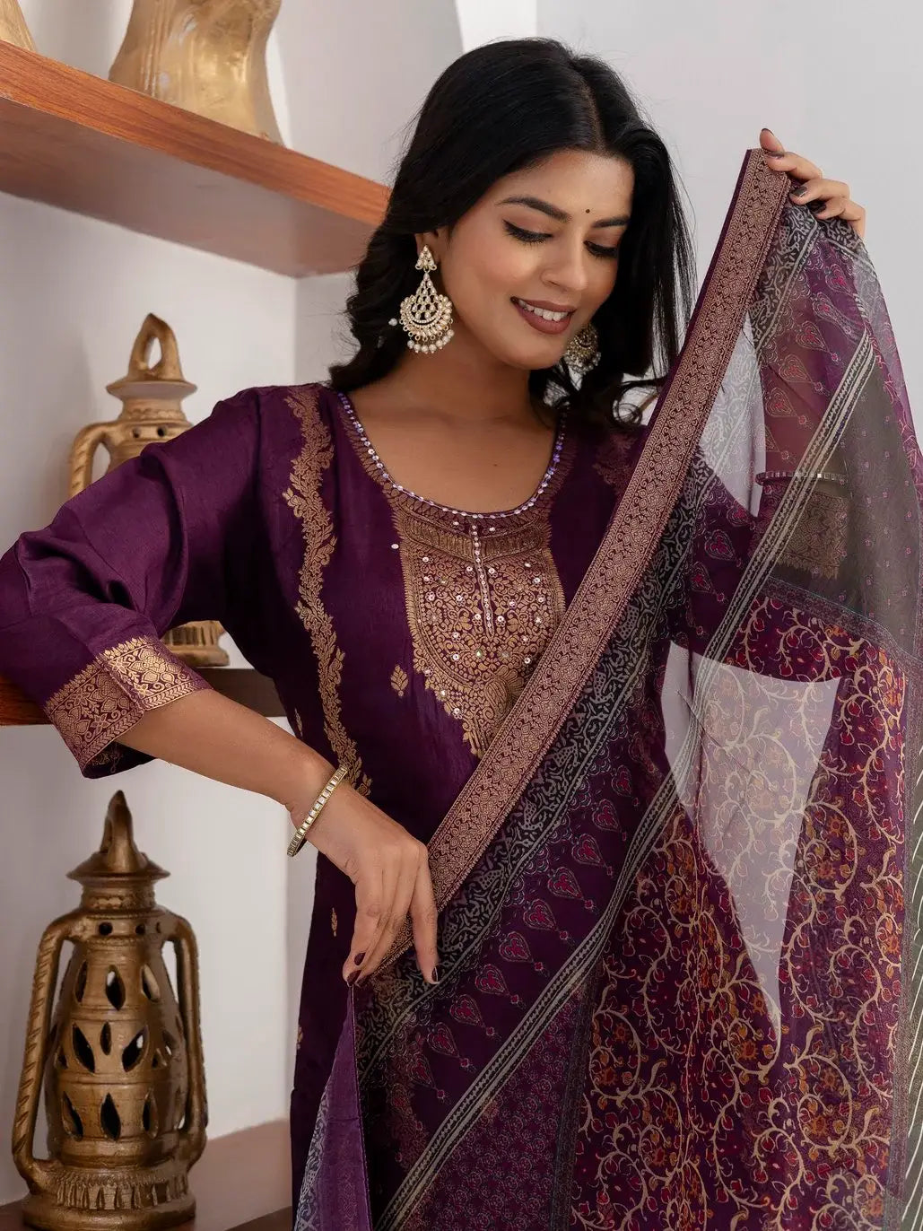 Captivating Purple Zari Weaving Viscose Silk Traditional Pant Suit With Dupatta - Zeel Clothing
