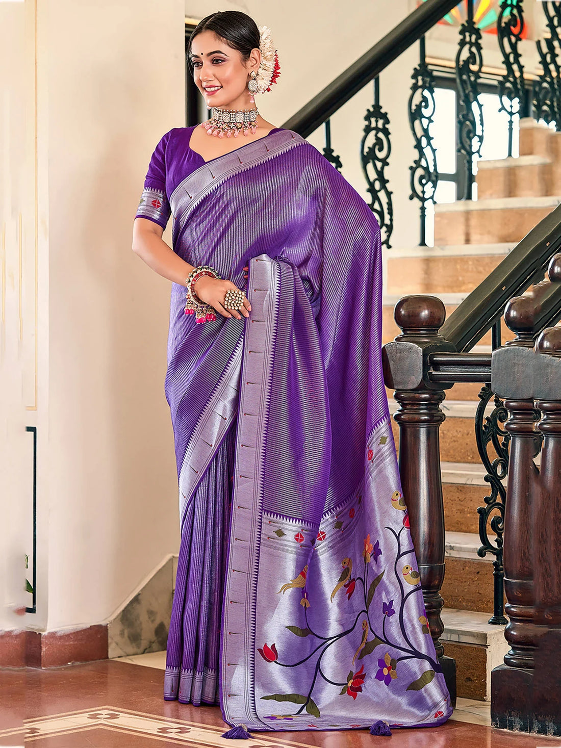Captivating Purple Zari Work Paithani Meenakari Traditional Saree - Zeel Clothing