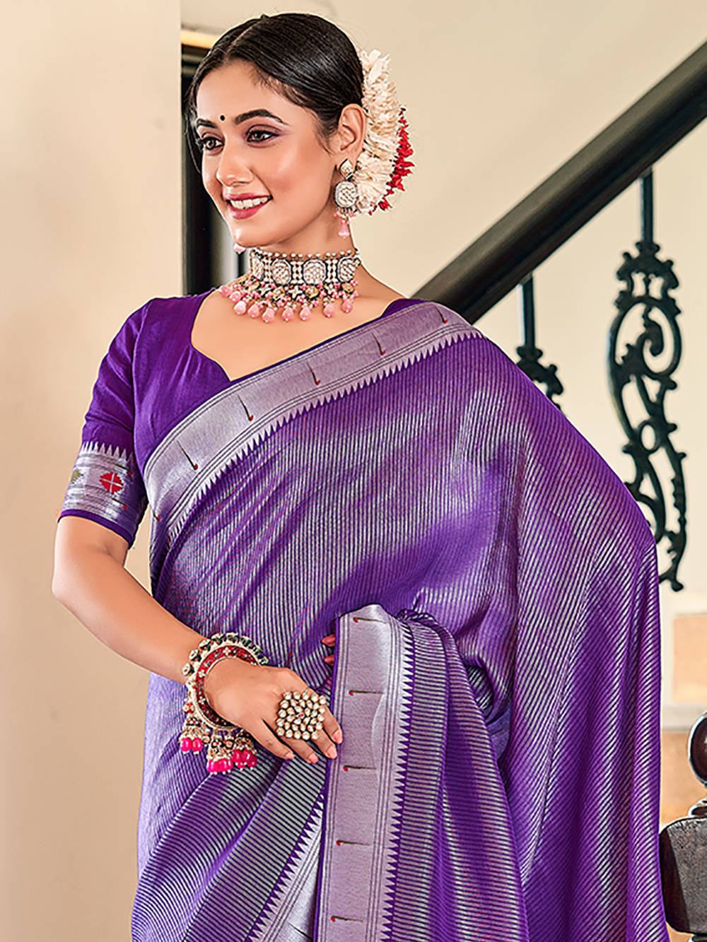 Captivating Purple Zari Work Paithani Meenakari Traditional Saree - Zeel Clothing