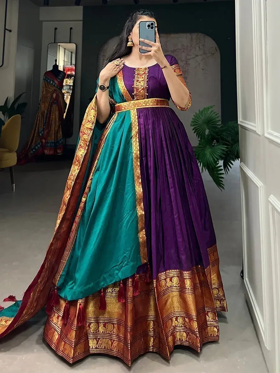 Captivating Purple Zari Woven Cotton Events Wear Gown With Dupatta - Zeel Clothing