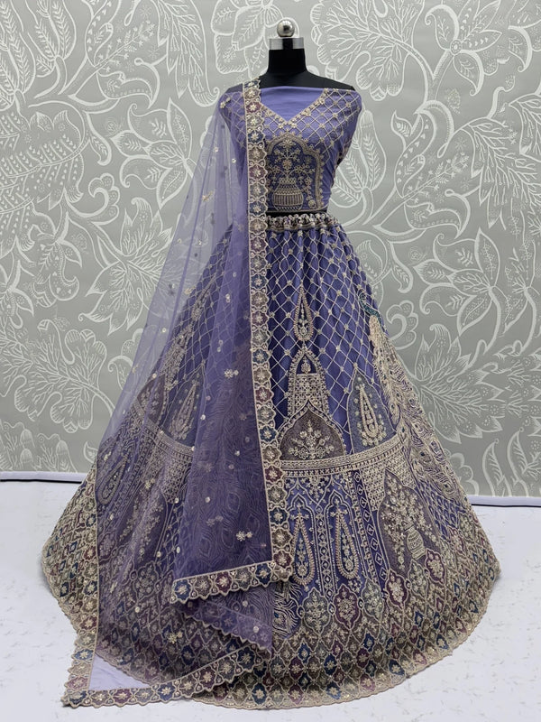 Captivating Purple Zircon Work Net Bridesmaid Lehenga Choli With Dupatta