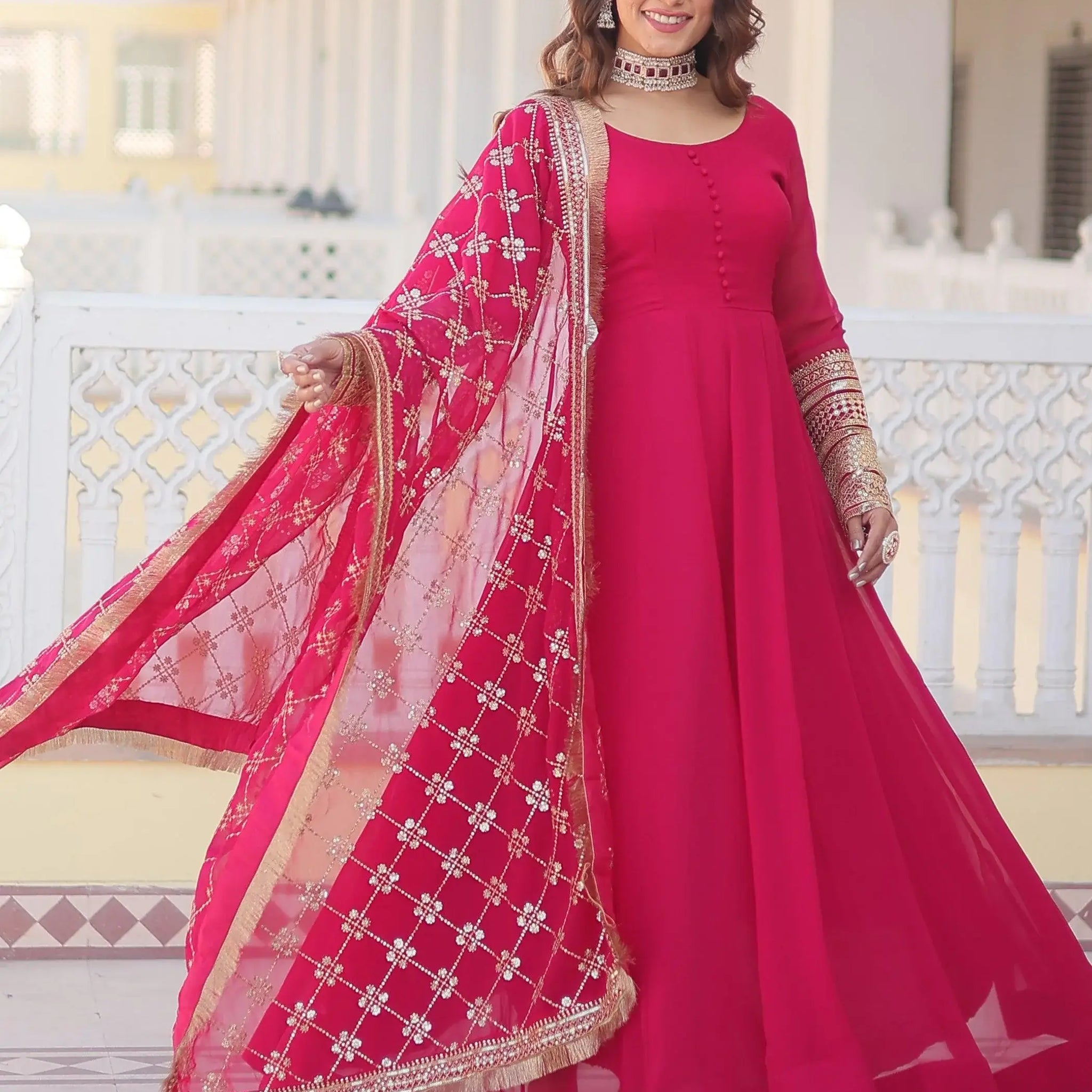 Captivating Rani Pink Georgette Traditional Gown With Dupatta - Zeel Clothing
