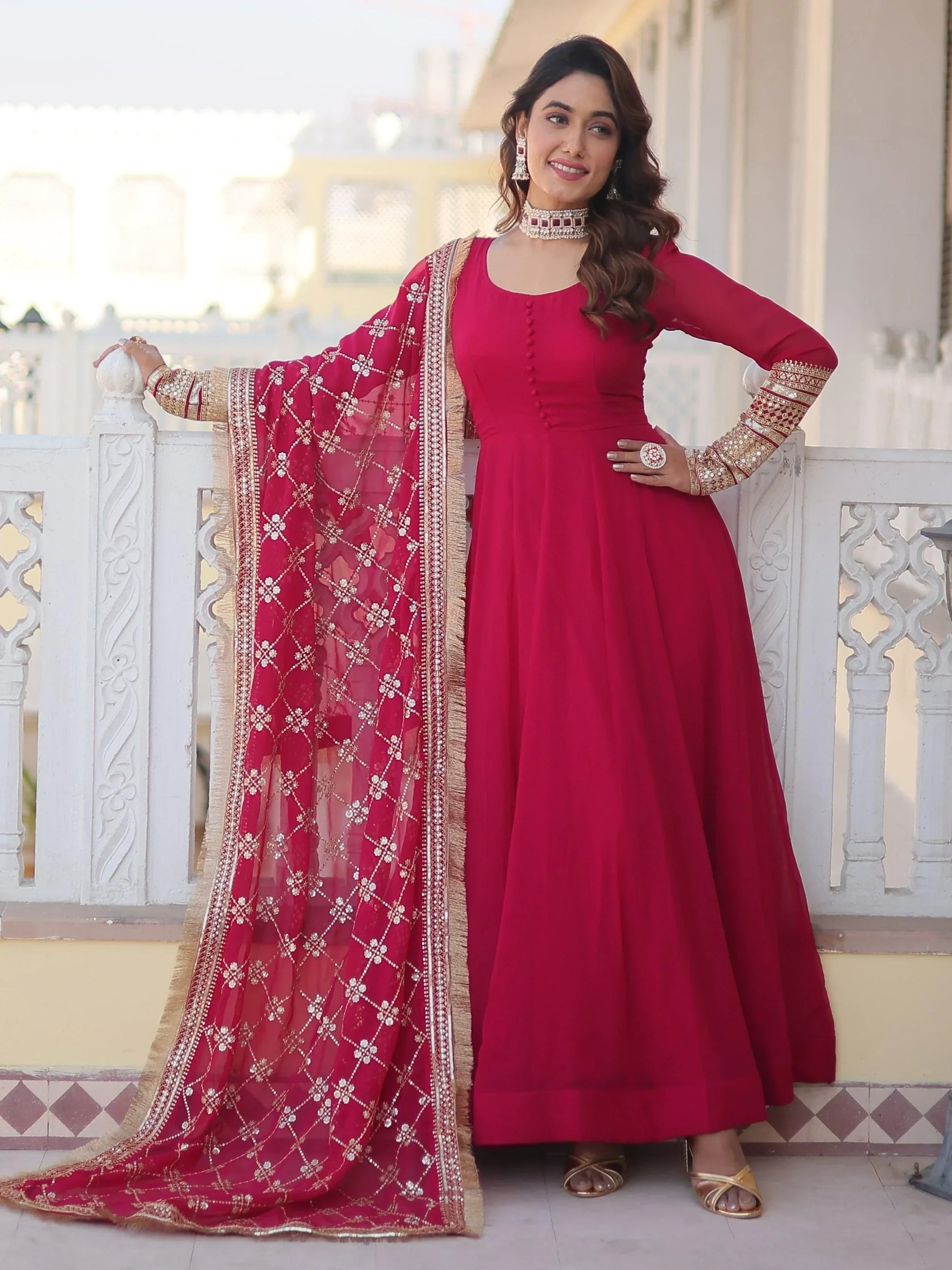 Captivating Rani Pink Georgette Traditional Gown With Dupatta
