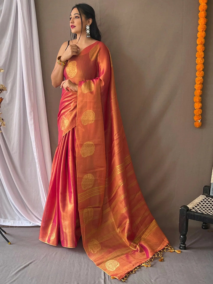 Captivating Rani Pink Zari Weaving Tissue Silk Saree With Blouse