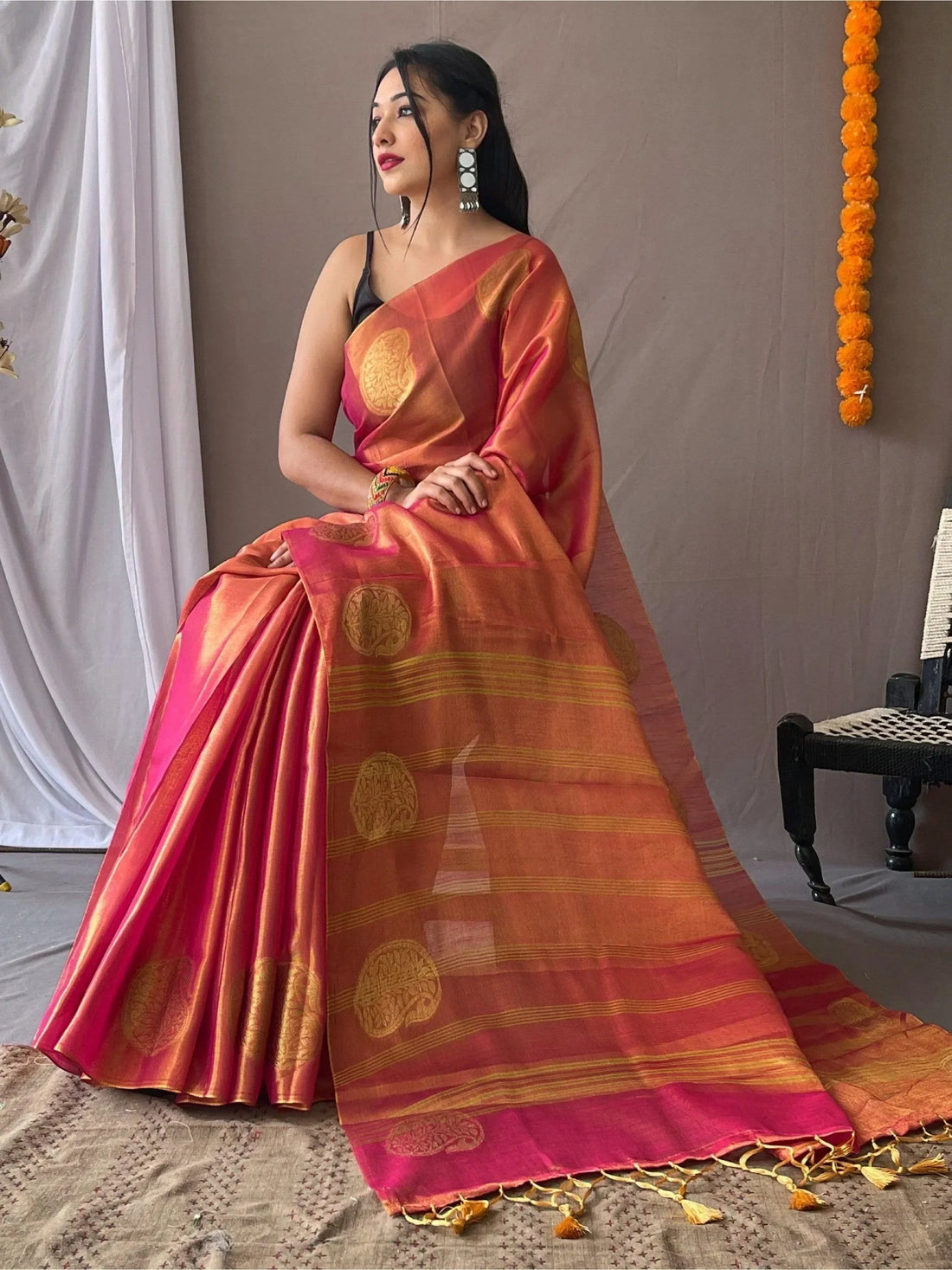 Captivating Rani Pink Zari Weaving Tissue Silk Saree With Blouse