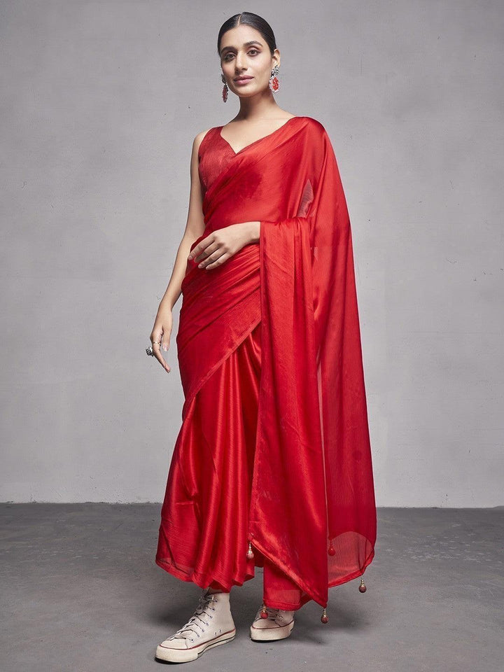 Captivating Red Chiffon Traditional Plain Saree With Blouse