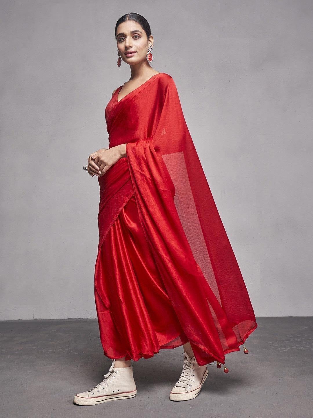 Captivating Red Chiffon Traditional Plain Saree With Blouse